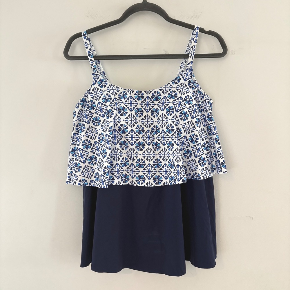 Lands End Women 10 Tankini Swim Top Blue Geometric‎ Ruffle Tier Mediterranean